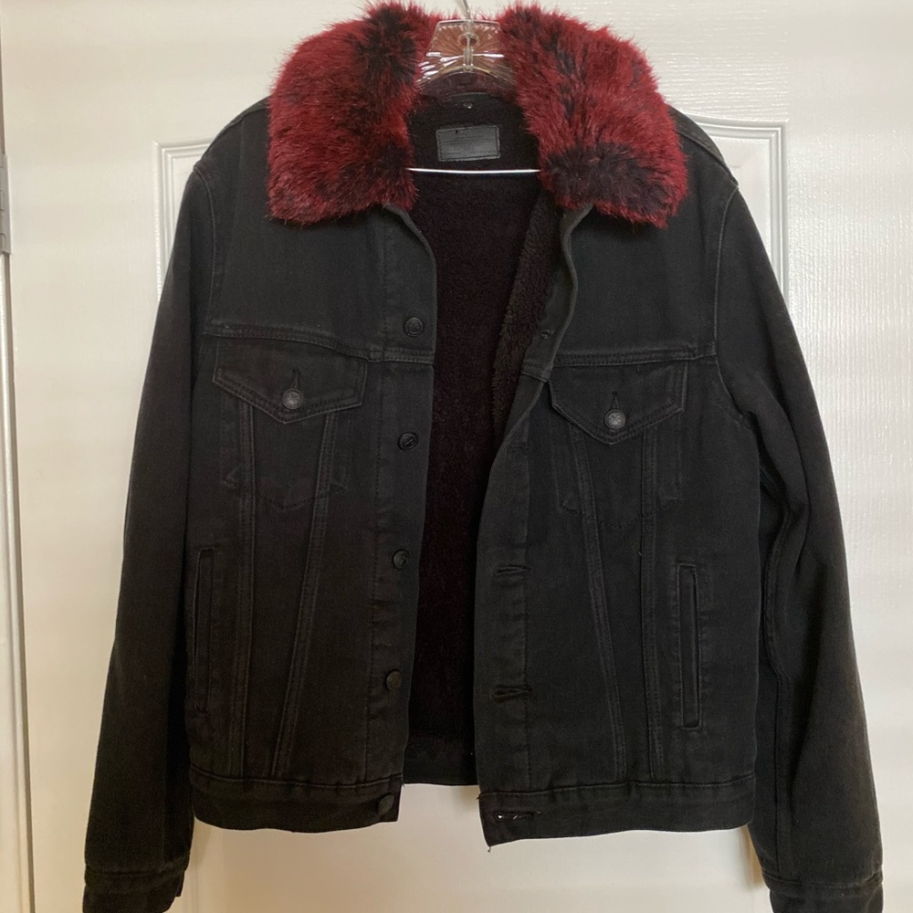 Zara Black Denim Jacket With Faux Red Fur